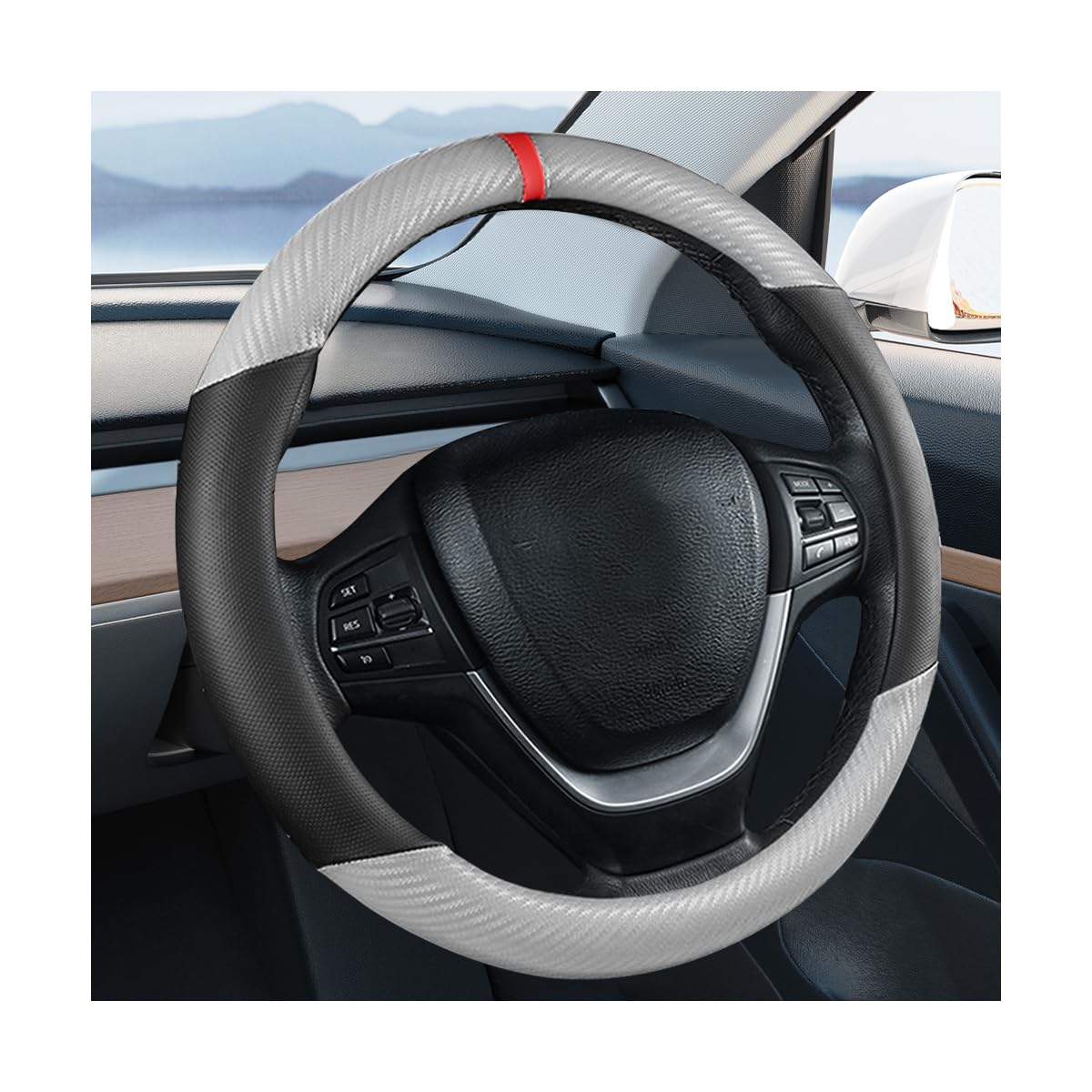 Carbon Fiber Car Steering Wheel Cover, Leather Breathable Automotive Wheel Protector, 15 Inch Anti-Slip Vehicle Interior Steering Accessories, Universal for SUV Truck Sedan (Black)