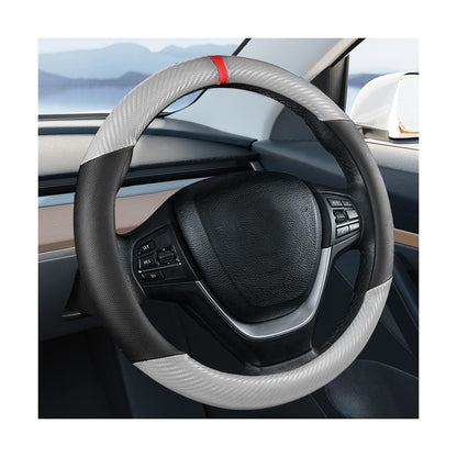 Carbon Fiber Car Steering Wheel Cover, Leather Breathable Automotive Wheel Protector, 15 Inch Anti-Slip Vehicle Interior Steering Accessories, Universal for SUV Truck Sedan (Black)