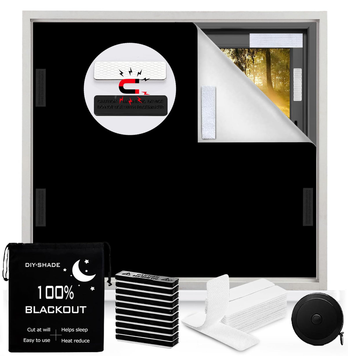100% Blackout Blind Magnetic Window Cover,Cuttable Black Out Curtain 118x57