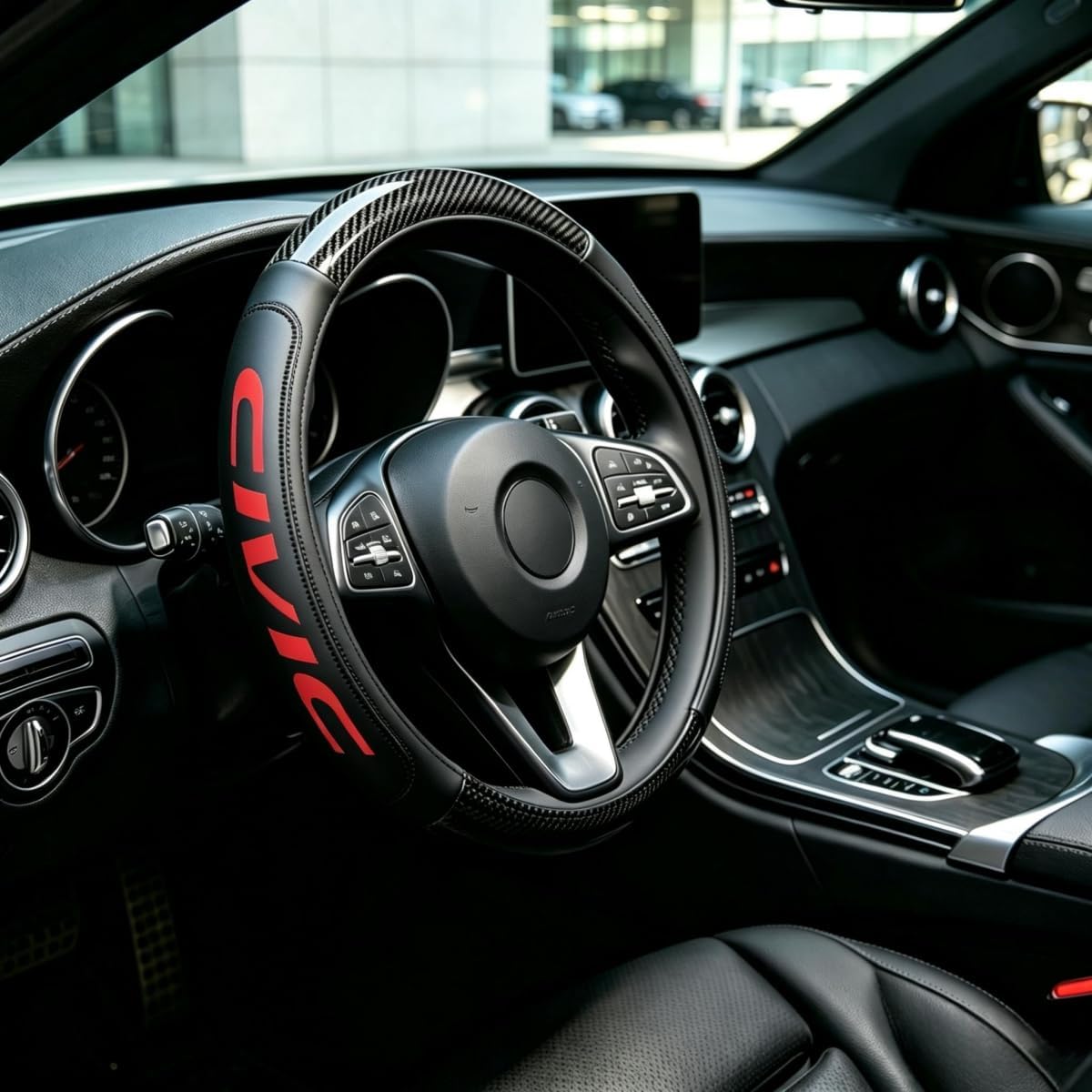 Carbon Fiber PU Leather Steering Wheel Cover Compatible with Honda Civic car Accessories,Non-Slip, Breathable 15-16.5 inch