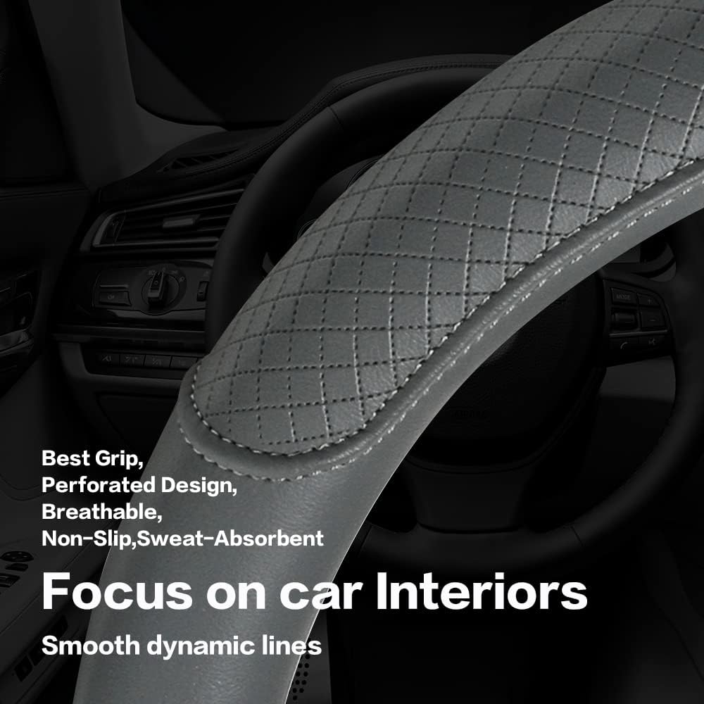 Microfiber Leather Steering Wheel Cover, Classic Embossing, Anti-Slip, Breathable, 15 Inch, Gray
