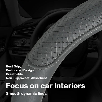 Microfiber Leather Steering Wheel Cover, Classic Embossing, Anti-Slip, Breathable, 15 Inch, Gray