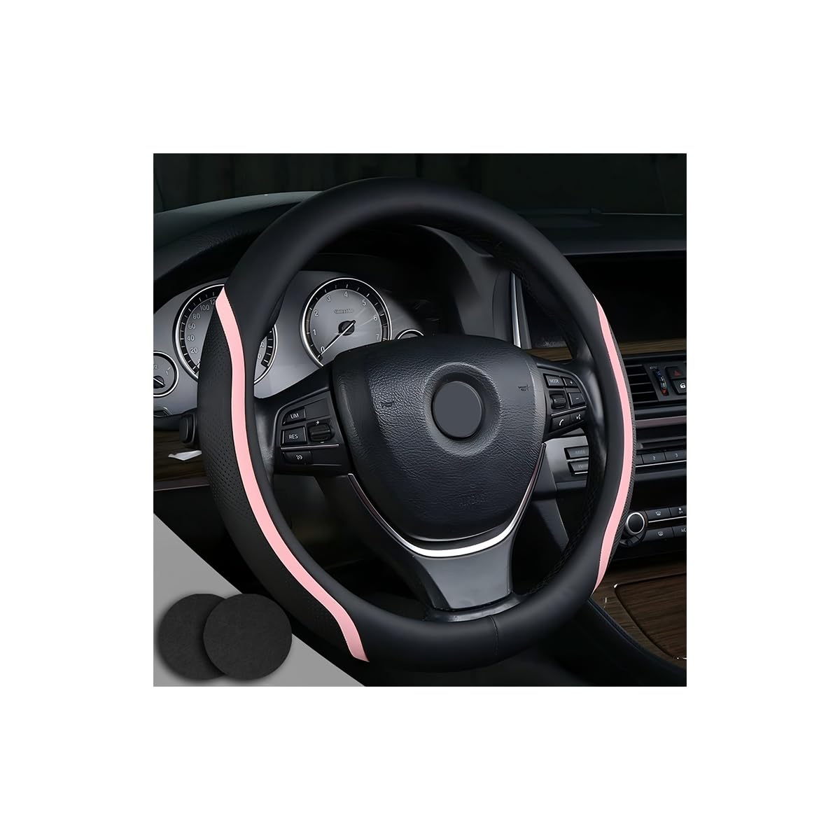 Steering Wheel Cover Blue and Black Leather Universal 14.5-15 inch