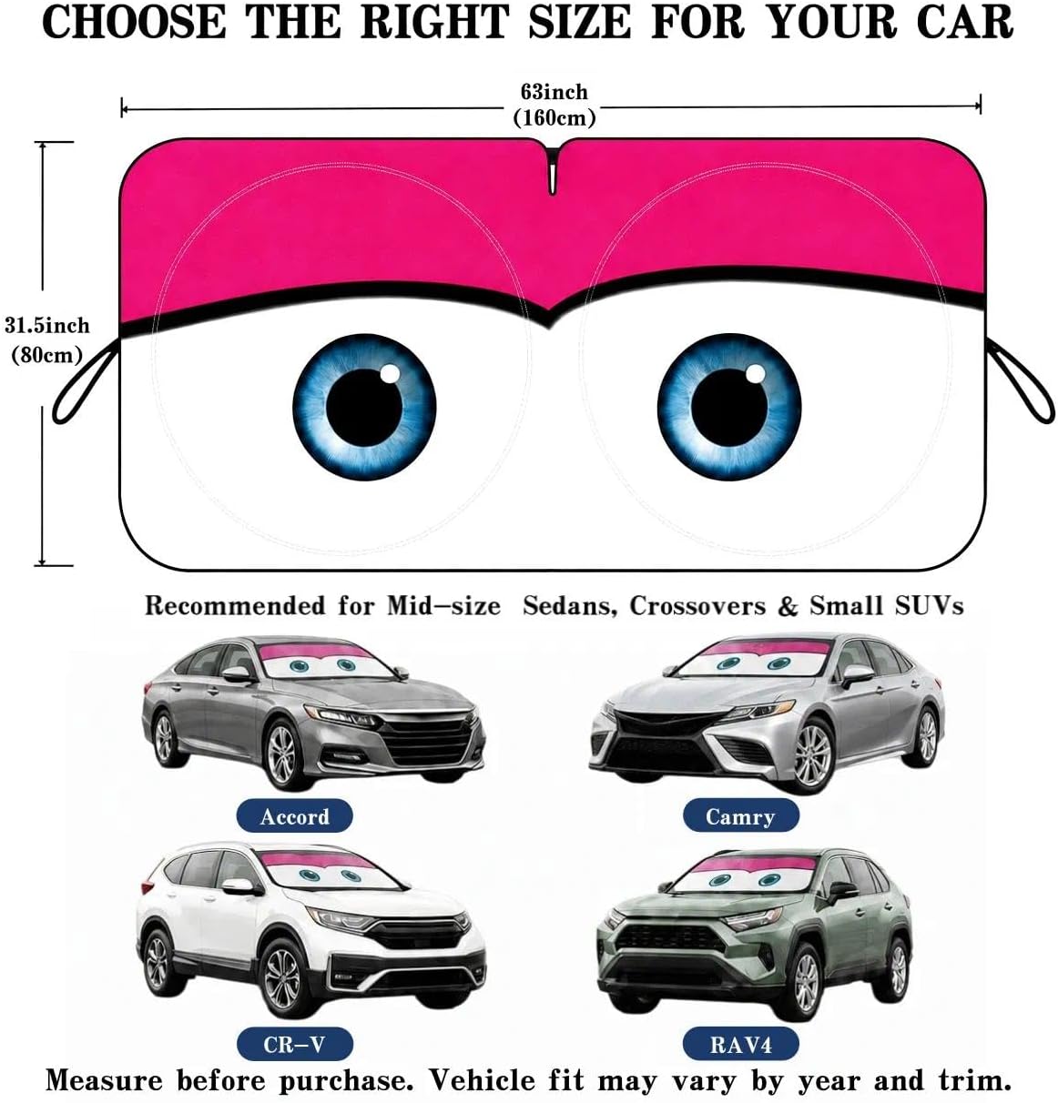 Car Windshield Sun Shade, Universal Fit Midsized Sedan SUV, Cute Pink