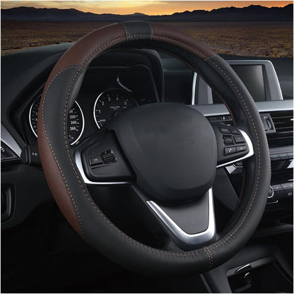 BESULEN 15 Inch Steering Wheel Cover Soft Leather Protector Black/Coffee