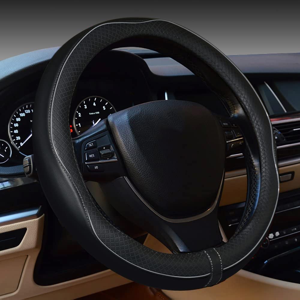 Gomass Car Steering Wheel Cover, Anti-Slip, Safety, Soft, Breathable, Heavy Duty, Thick, Full Surround, Sports Style (Black with Purple line)