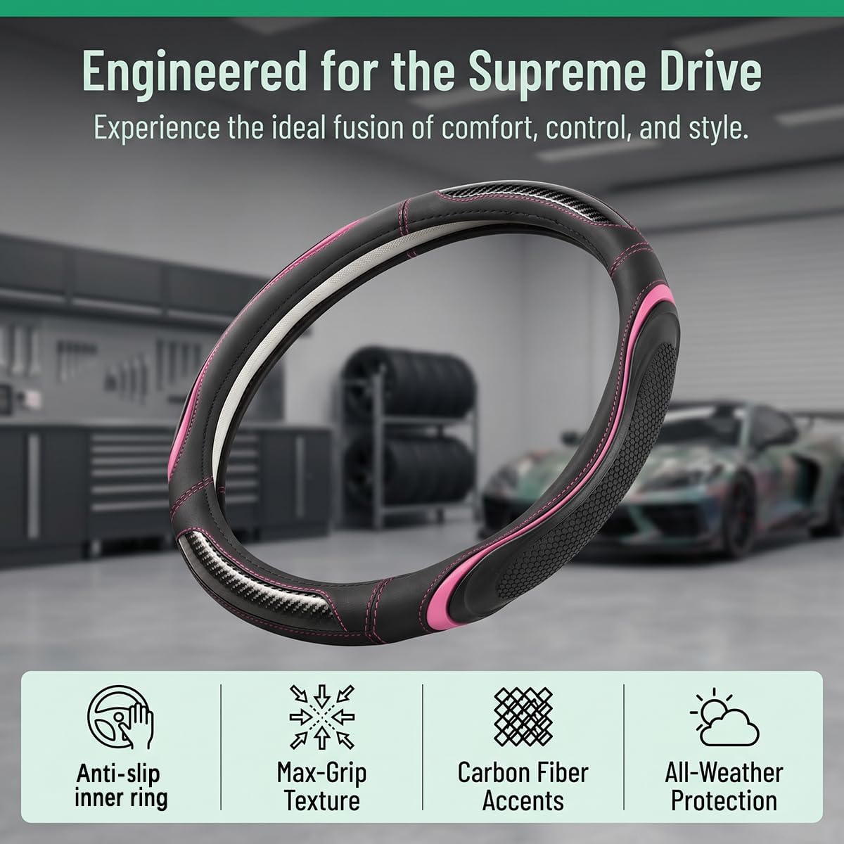 Leather Steering Wheel Cover with Silicone Grip Pads, Black/Pink
