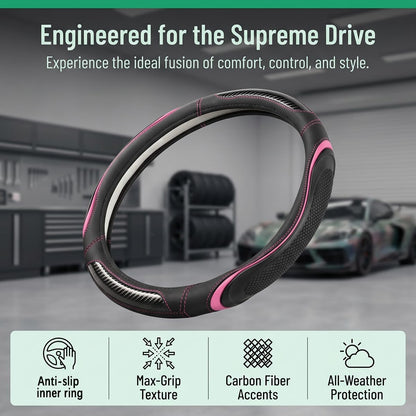 Leather Steering Wheel Cover with Silicone Grip Pads, Black/Pink