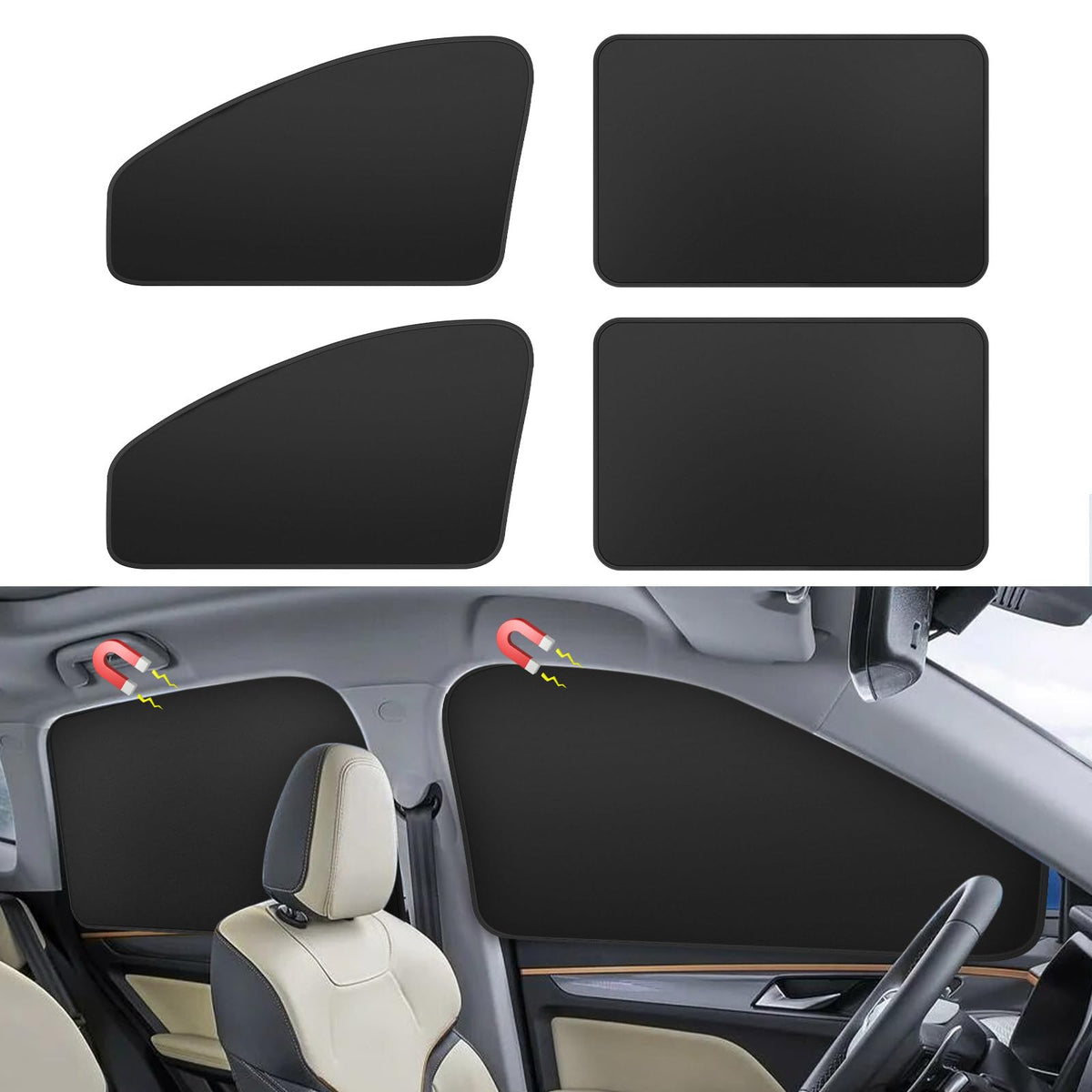 Window Sun Shade Car Curtains - Side Thiken Sun Shades Magnetic 100% Block Light Car Window Covers with Cooler Feeling (Black, T-4pcs)