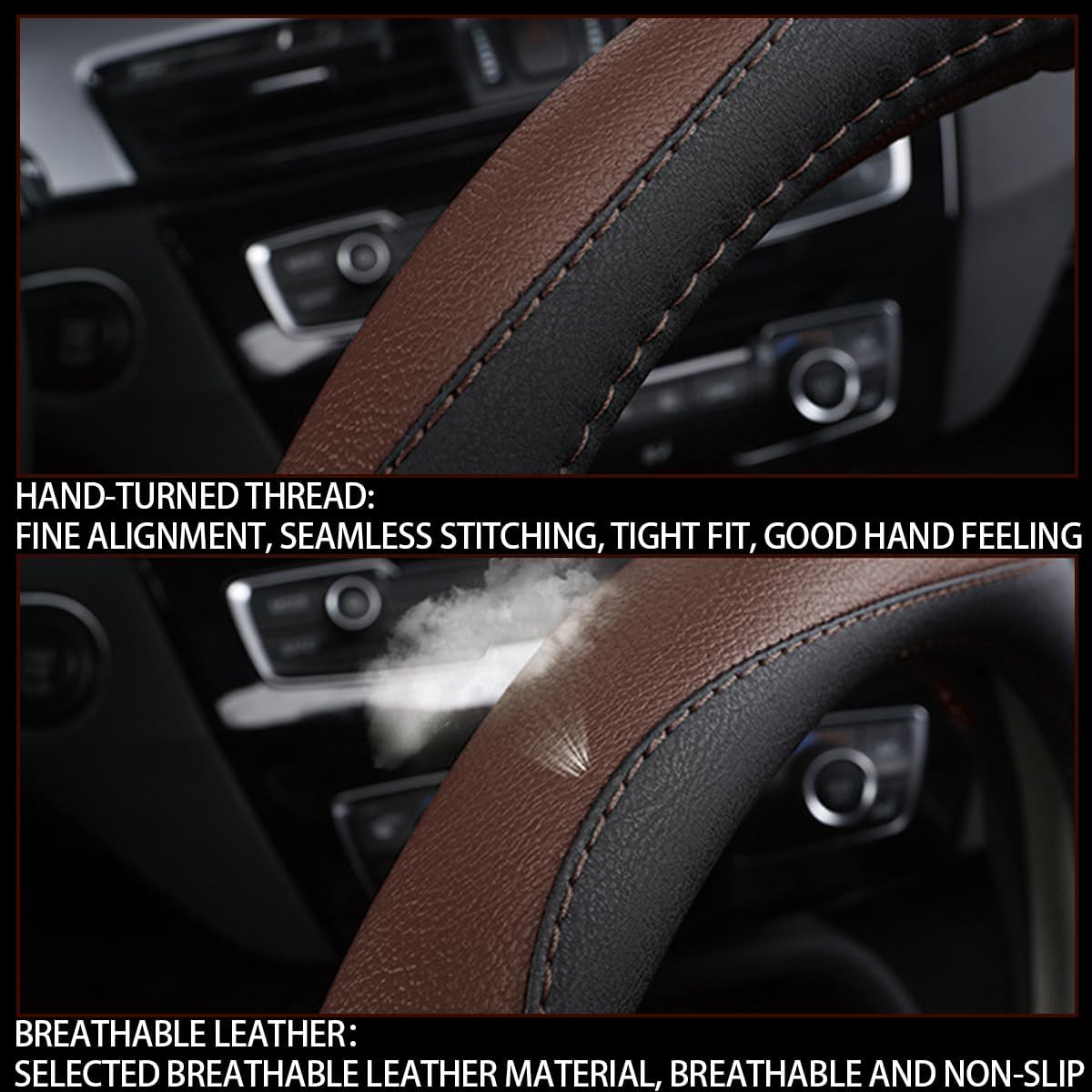 BESULEN 15 Inch Steering Wheel Cover Soft Leather Protector Black/Coffee