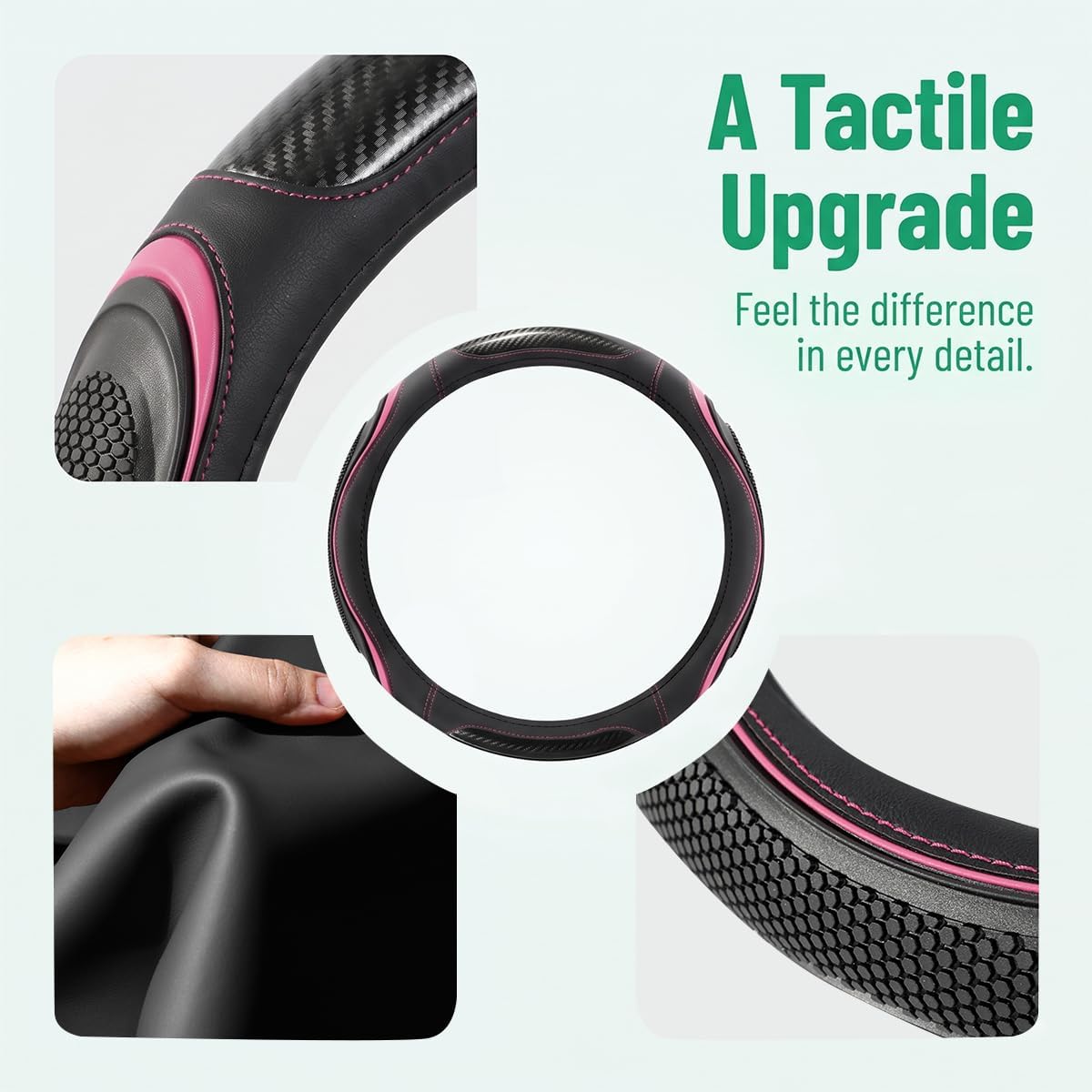 Leather Steering Wheel Cover with Silicone Grip Pads, Black/Pink