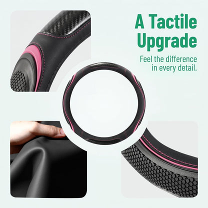 Leather Steering Wheel Cover with Silicone Grip Pads, Black/Pink