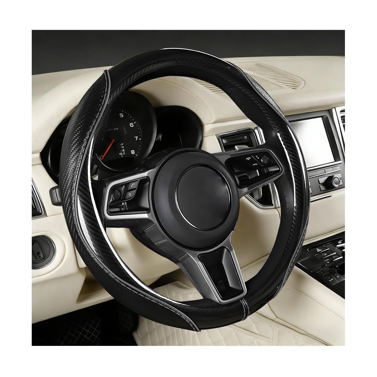 Car Steering Wheel Cover, 14.5-15 Inch Carbon Fiber, Beige