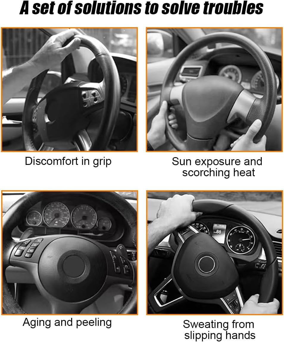 Carbon Fiber Car Steering Wheel Cover, Leather Breathable Automotive Wheel Protector, 15 Inch Anti-Slip Vehicle Interior Steering Accessories, Universal for SUV Truck Sedan (Black)