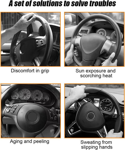 Carbon Fiber Car Steering Wheel Cover, Leather Breathable Automotive Wheel Protector, 15 Inch Anti-Slip Vehicle Interior Steering Accessories, Universal for SUV Truck Sedan (Black)
