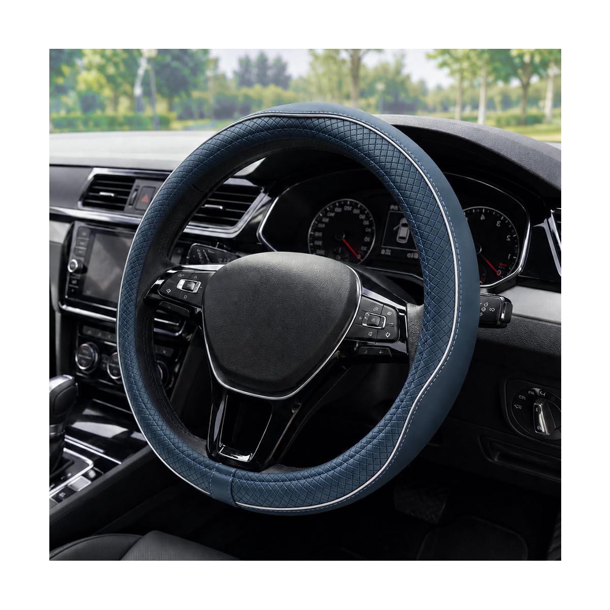 Car Steering Wheel Cover, 15 Inch Anti-Slip Breathable Leather Auto Steering Wheel Protector, Full Surround Soft Steering Wheel Cover for Men Women, Car Interior Accessories (Black & Purple)