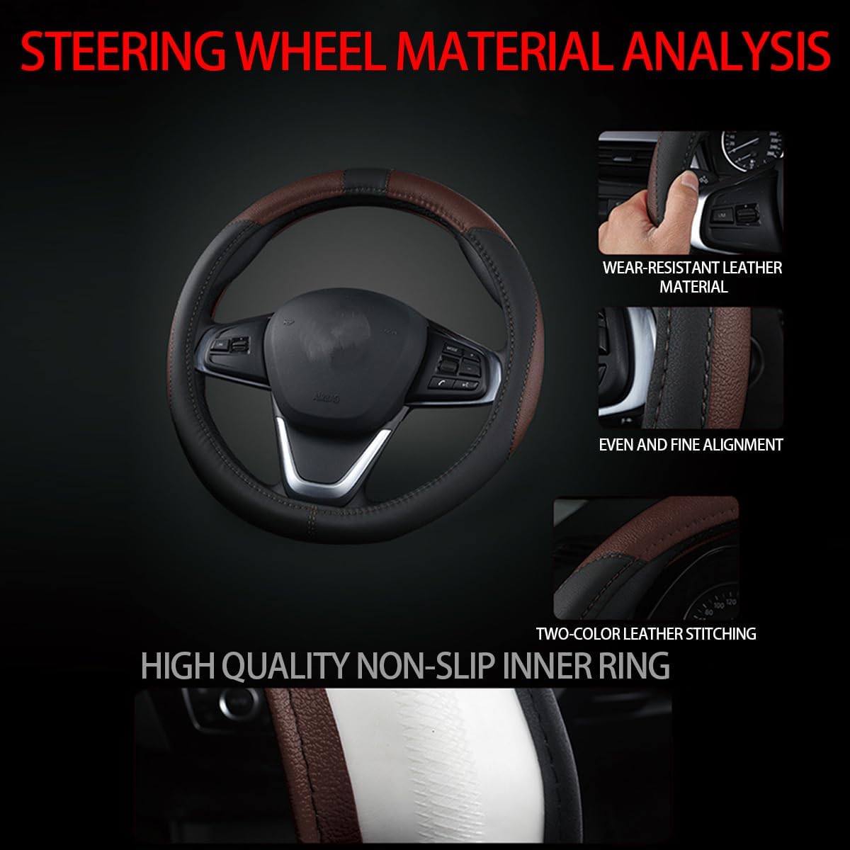 BESULEN 15 Inch Steering Wheel Cover Soft Leather Protector Black/Coffee