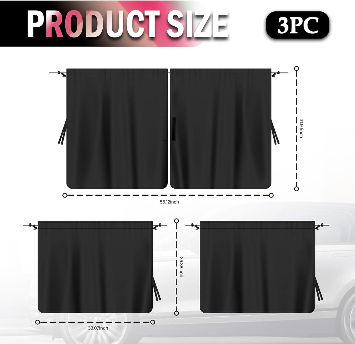 3PCS Car Privacy Curtains Kit,Rear Window Car Curtains & Divider Curtain