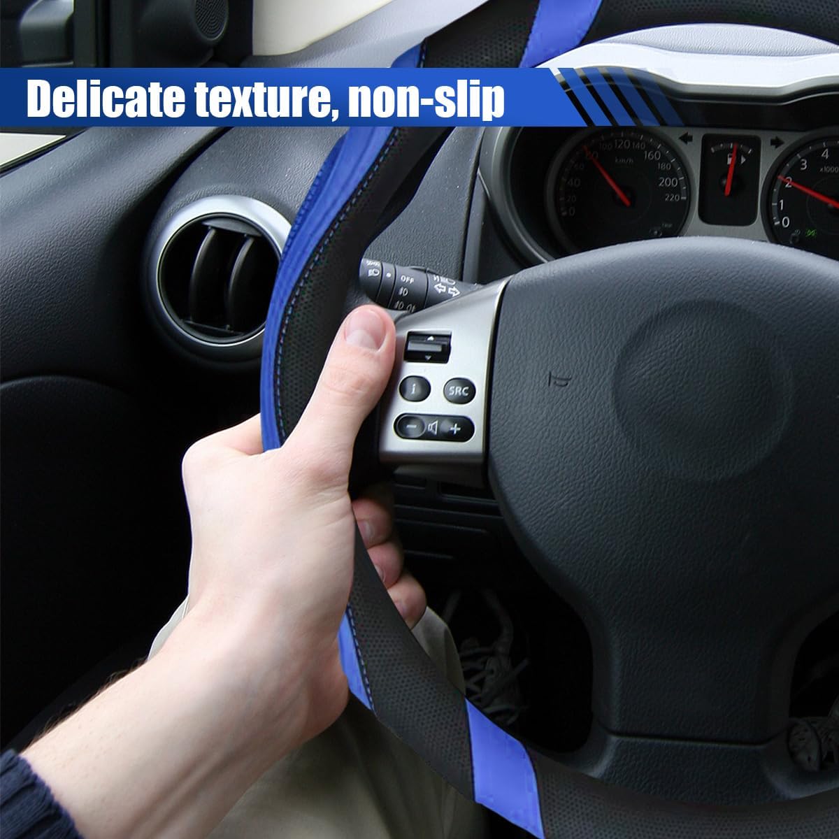 Car Steering Wheel Cover, 15 Inch Leather Anti-Slip Breathable Automotive Steering Wheel Protector, Universal Heat Resistant Vehicle Interior Accessories Cars, SUVs, Trucks(Blue)