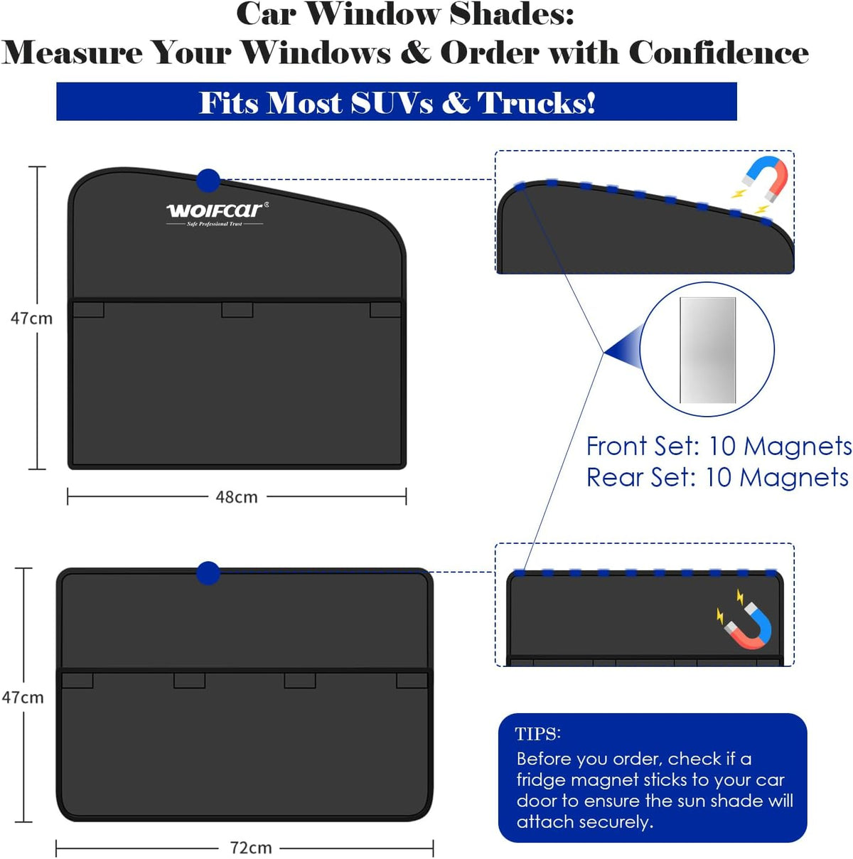 Wolfcar Car Window Shades for Front Side Windows, 2-in-1 Magnetic Detachable Car Window Covers with Hook-and-Loop, Keeps Side Mirrors Clear, Blocks UV & Glare, Car Curtains for SUV/Truck, 2 Pcs