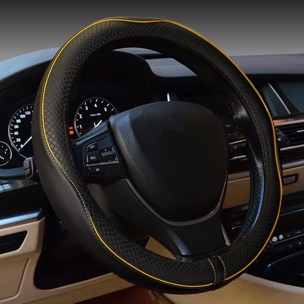Gomass Car Steering Wheel Cover, Anti-Slip, Safety, Soft, Breathable, Heavy Duty, Thick, Full Surround, Sports Style (Black with Purple line)