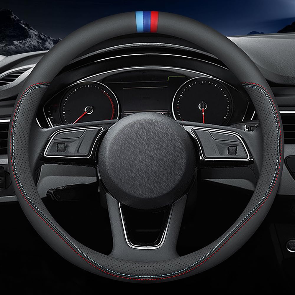Carodi Leather car Steering Wheel Cover, Ultra-Thin, Comfortable, Non-Slip, Breathable, Universal 15 inches (Black)