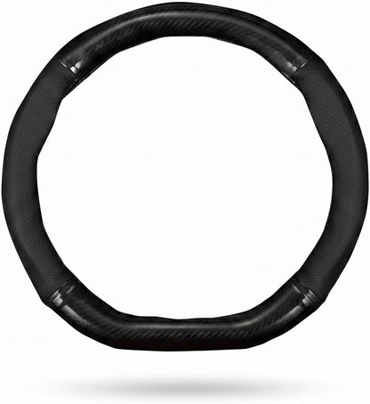 Car Steering Wheel Cover, D-shape Leather Anti-scratch Steering Wheel Protective Sleeve, Breathable Non-slip Cover for All Seasons, Universal for 14.1" - 15.3" Diameter (Carbon Fiber Black)