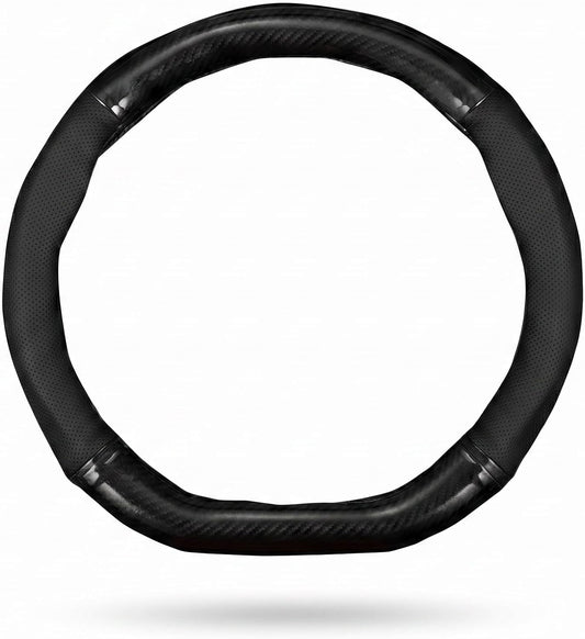 Car Steering Wheel Cover, D-shape Leather Anti-scratch Steering Wheel Protective Sleeve, Breathable Non-slip Cover for All Seasons, Universal for 14.1" - 15.3" Diameter (Carbon Fiber Black)