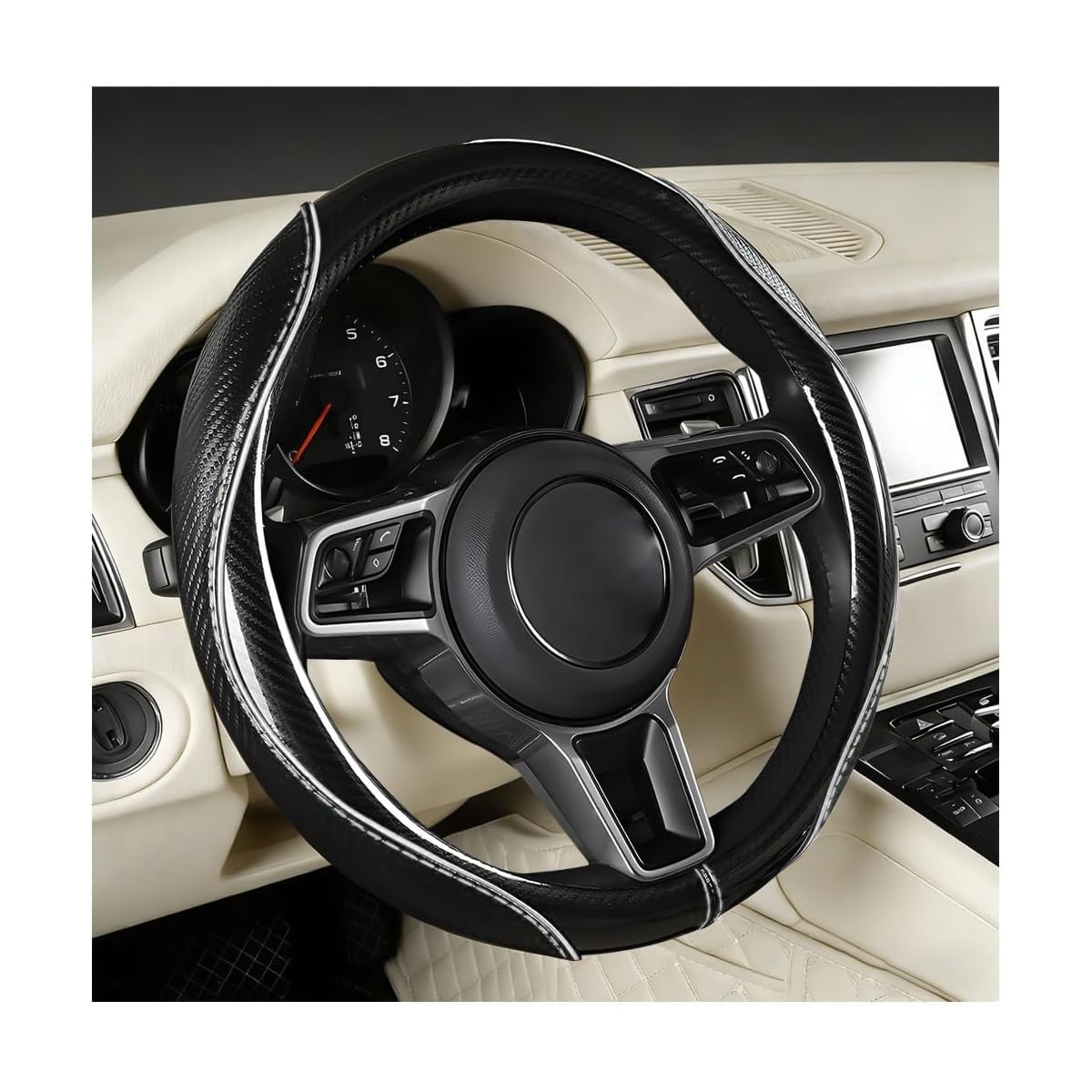 Car Steering Wheel Cover, 14.5-15 Inch Carbon Fiber, Beige