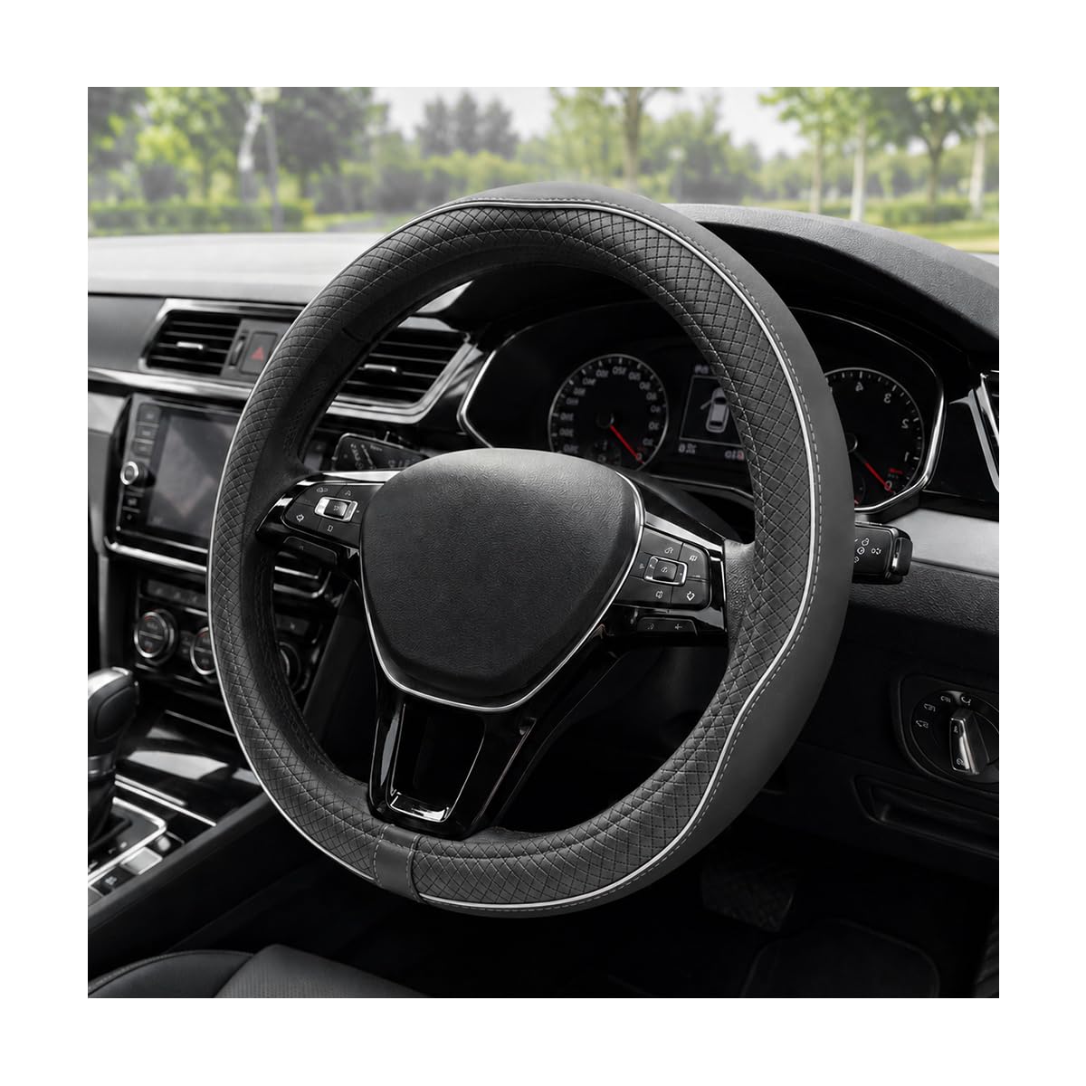 Car Steering Wheel Cover, 15 Inch Anti-Slip Breathable Leather Auto Steering Wheel Protector, Full Surround Soft Steering Wheel Cover for Men Women, Car Interior Accessories (Black & Purple)