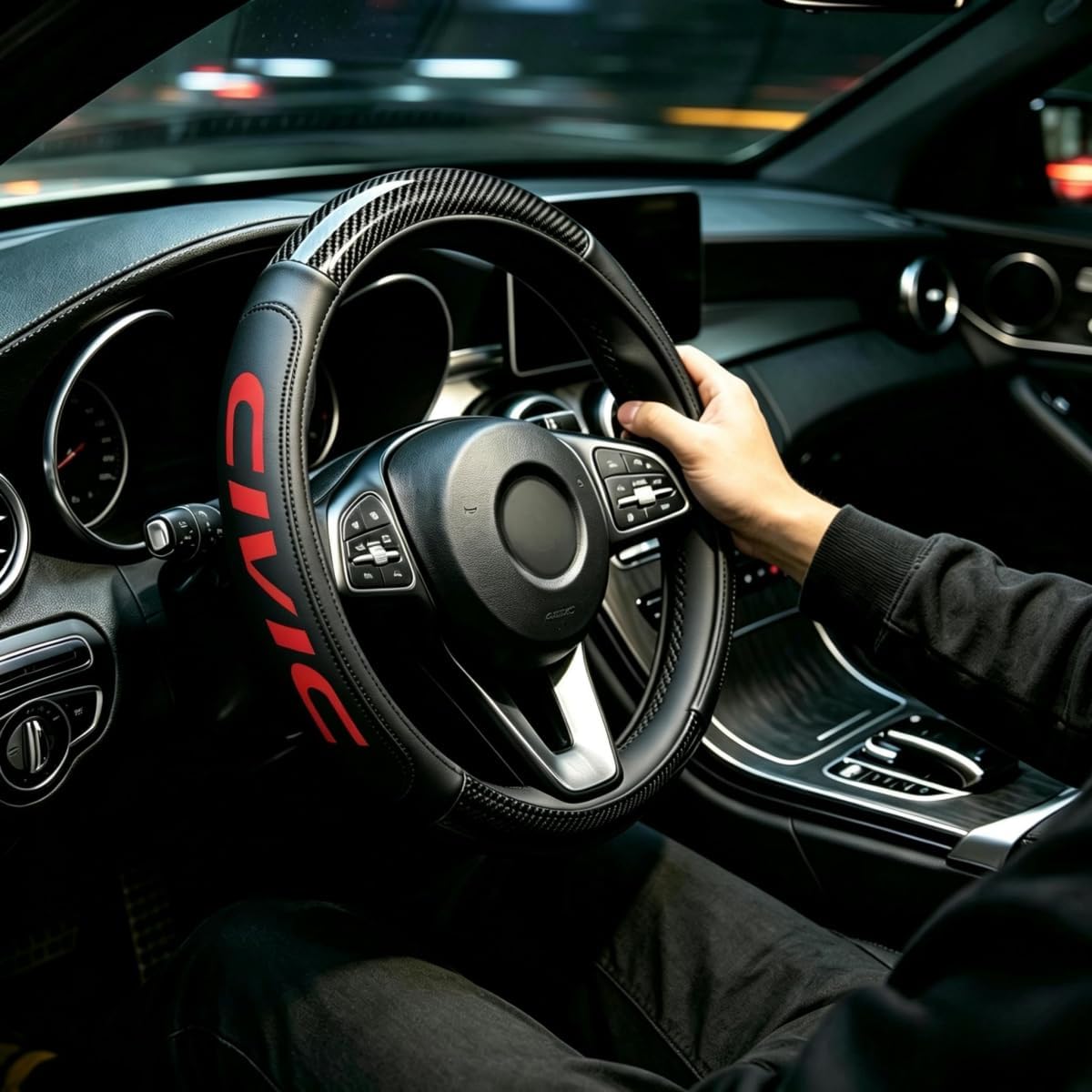 Carbon Fiber PU Leather Steering Wheel Cover Compatible with Honda Civic car Accessories,Non-Slip, Breathable 15-16.5 inch