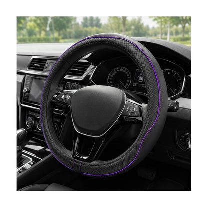 Car Steering Wheel Cover, 15 Inch Anti-Slip Breathable Leather Auto Steering Wheel Protector, Full Surround Soft Steering Wheel Cover for Men Women, Car Interior Accessories (Black & Purple)