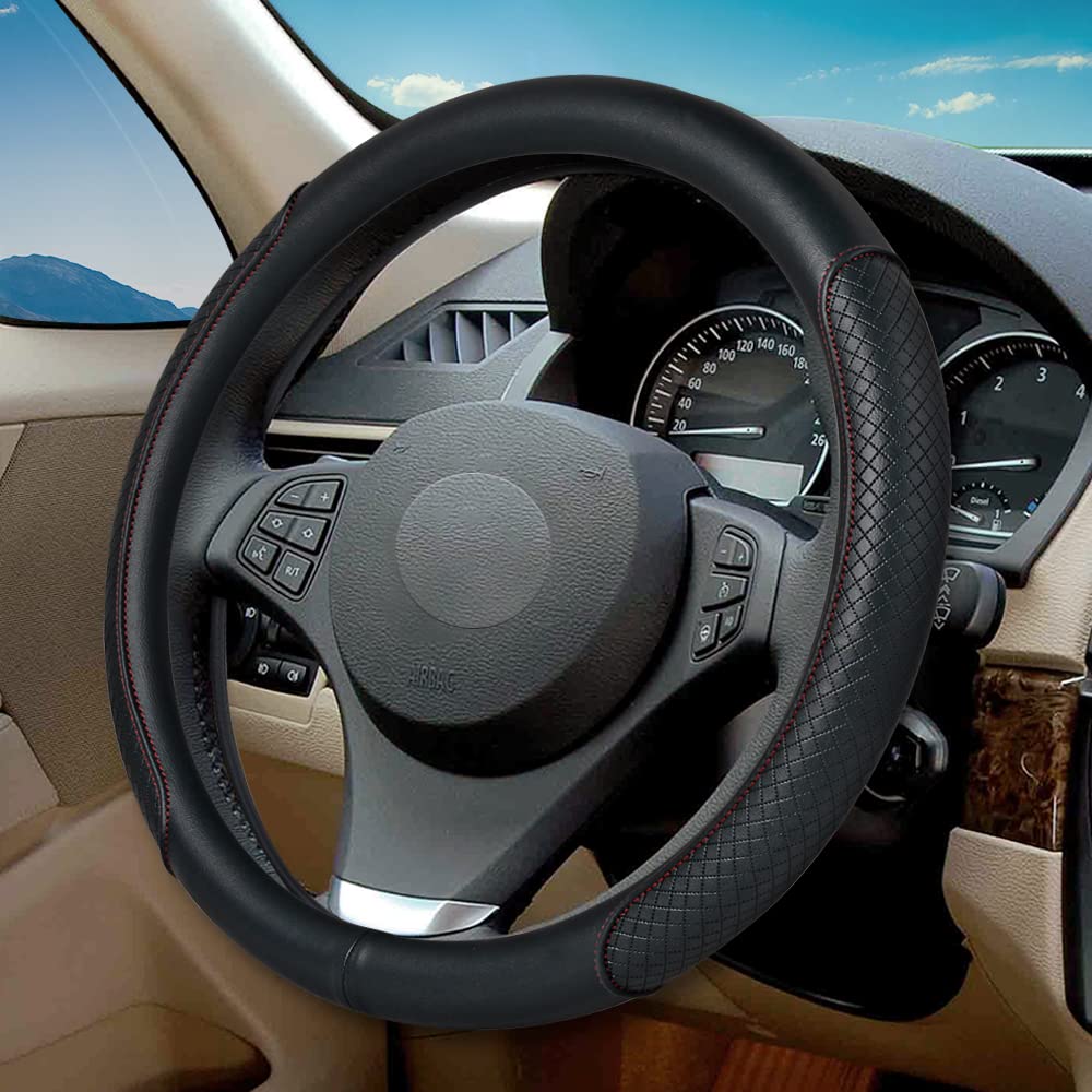 Microfiber Leather Steering Wheel Cover, Classic Embossing, Anti-Slip, Breathable, 15 Inch, Gray