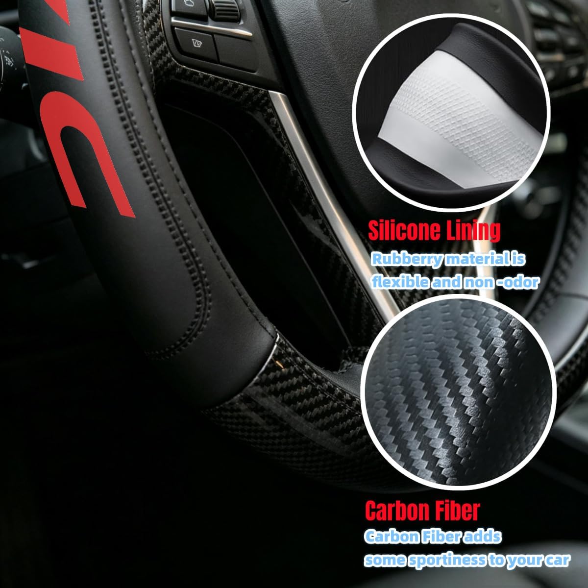 Carbon Fiber PU Leather Steering Wheel Cover Compatible with Honda Civic car Accessories,Non-Slip, Breathable 15-16.5 inch