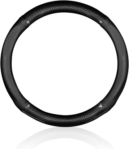 Car Steering Wheel Cover, D-shape Leather Anti-scratch Steering Wheel Protective Sleeve, Breathable Non-slip Cover for All Seasons, Universal for 14.1" - 15.3" Diameter (Carbon Fiber Black)