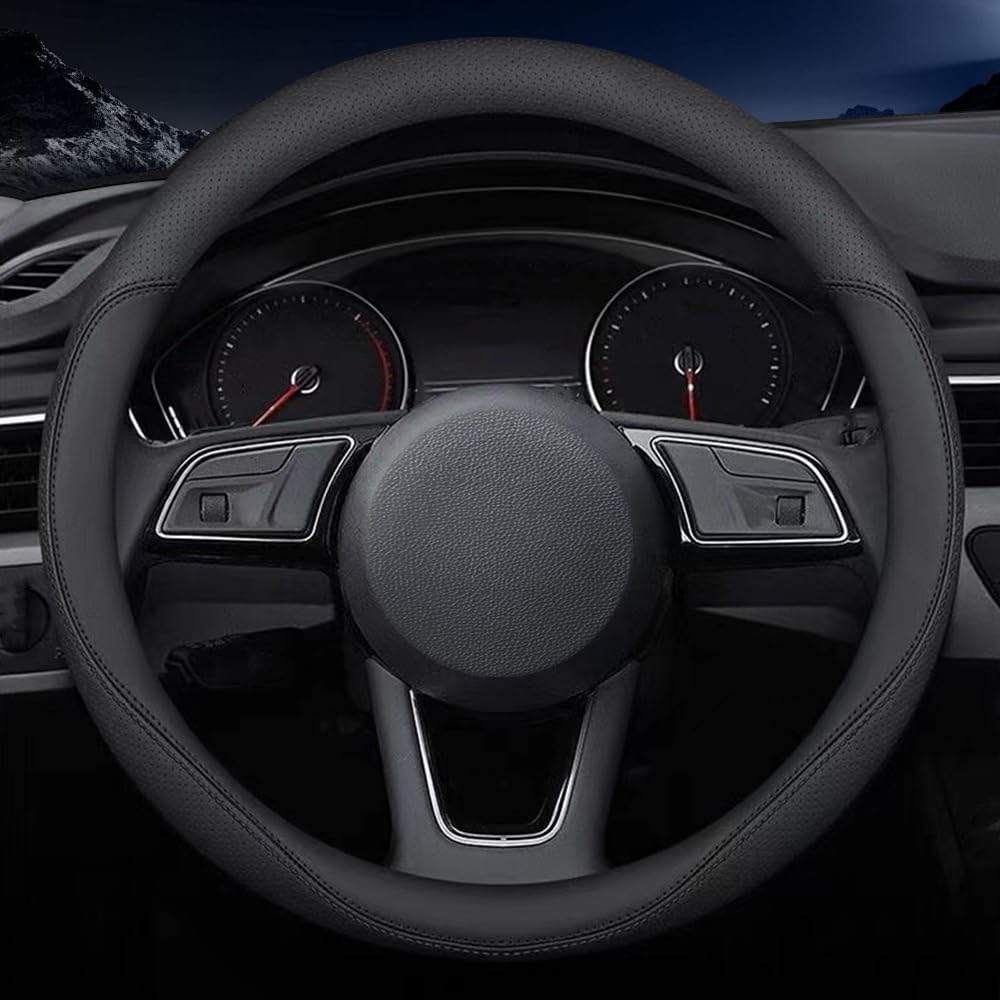 Carodi Leather car Steering Wheel Cover, Ultra-Thin, Comfortable, Non-Slip, Breathable, Universal 15 inches (Black)