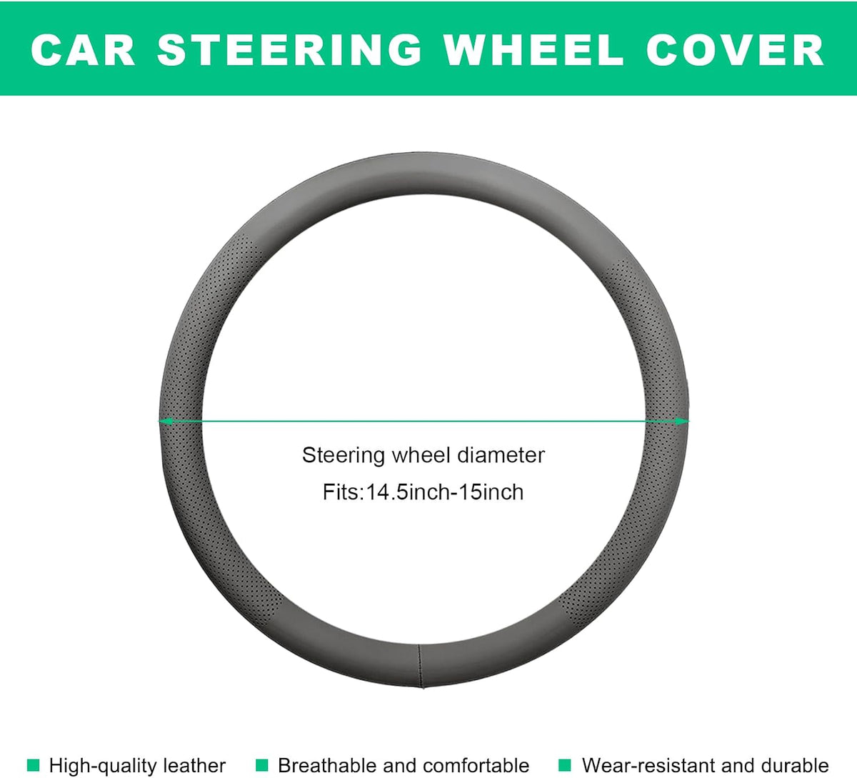 Car Steering Wheel Cover, 15" Breathable Leather Auto Wheel Protector with Comfortable Grip, Non-Slip Perforated Steering Wheel Protective Cover for SUV Truck Sedan Van (Gray)