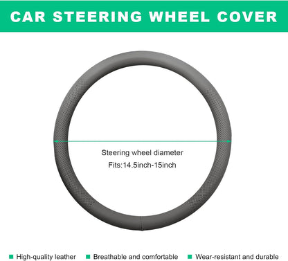 Car Steering Wheel Cover, 15" Breathable Leather Auto Wheel Protector with Comfortable Grip, Non-Slip Perforated Steering Wheel Protective Cover for SUV Truck Sedan Van (Gray)