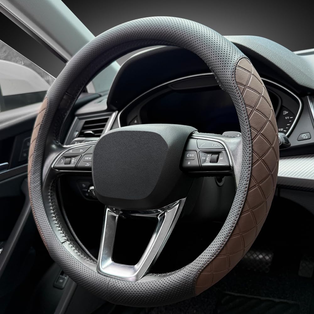 LKWLIKEI Nappa Leather Steering Wheel Cover,Elegant Diamond Checkered Design, Non-Slip wear-Resistant, Enhance Driving Comfort, Suitable for Steering Wheel Diameter 14 1/2‘-15’ Models.Black Brown