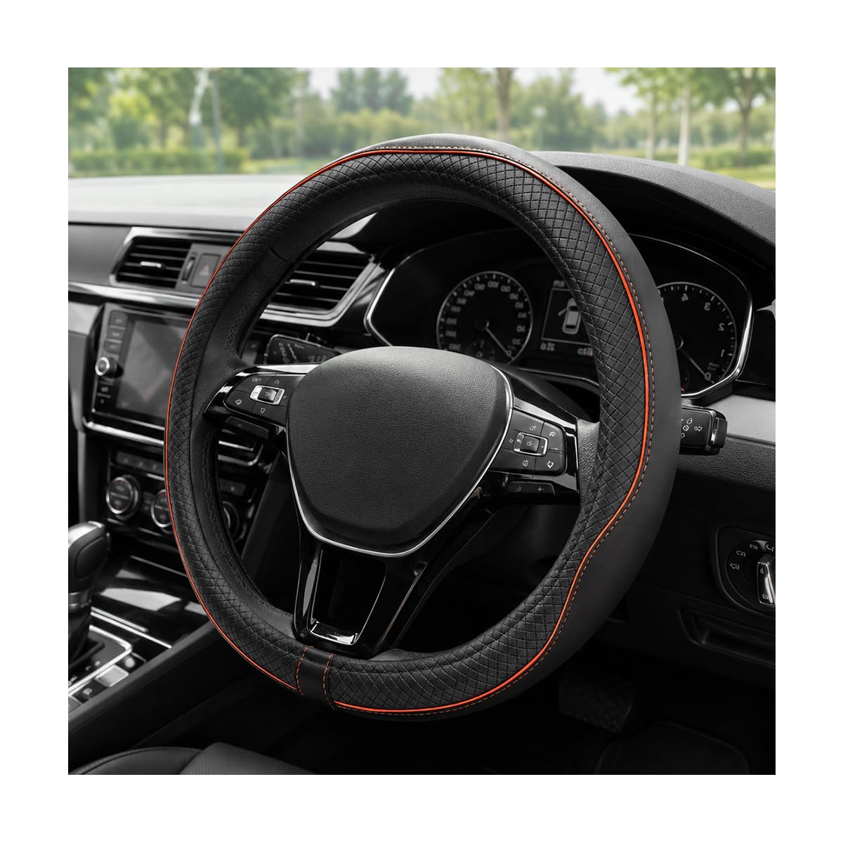 Car Steering Wheel Cover, 15 Inch Anti-Slip Breathable Leather Auto Steering Wheel Protector, Full Surround Soft Steering Wheel Cover for Men Women, Car Interior Accessories (Black & Purple)