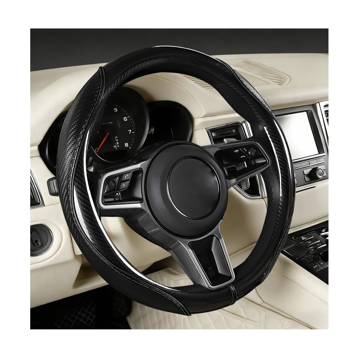 Car Steering Wheel Cover, 14.5-15 Inch Carbon Fiber, Beige