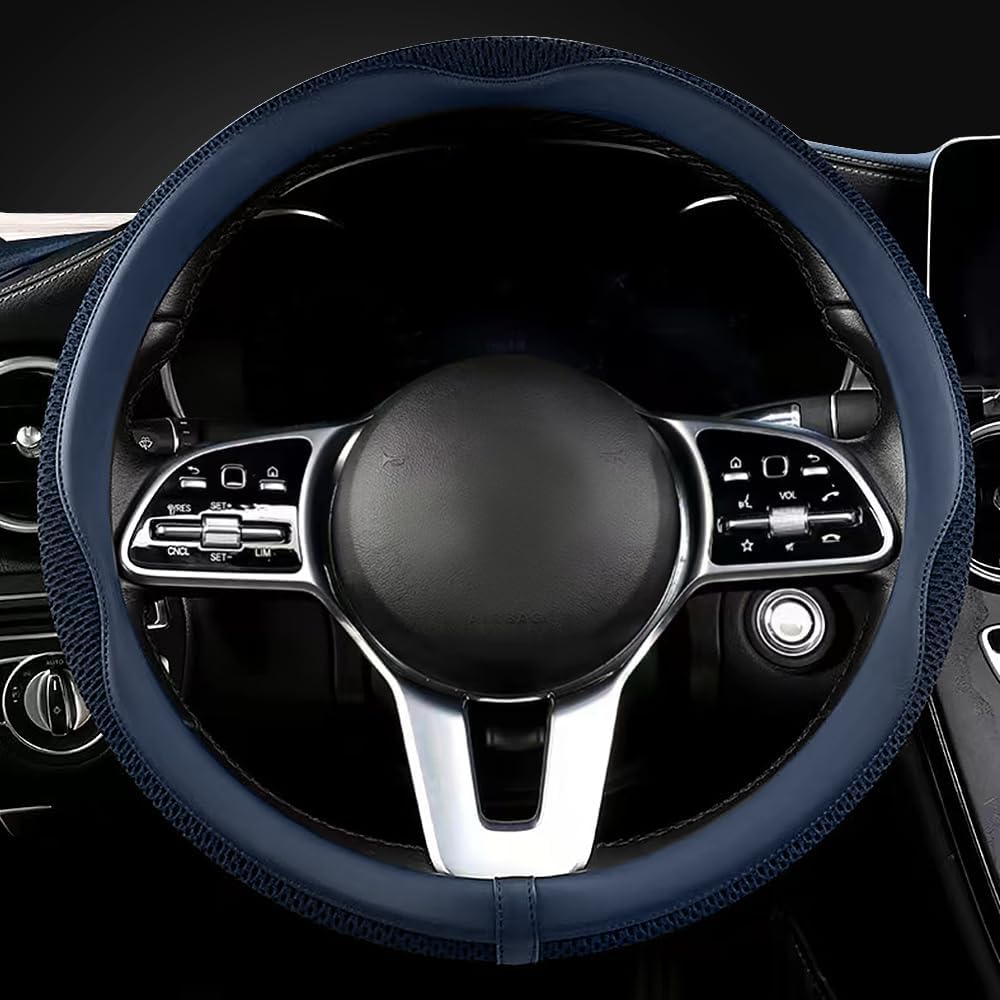 LKWLIKEI Car Steering Wheel Cover, Universal 15 inch, The Latest Microfiber Leather Breathable Technology Fabric, Non-Slip, Comfortable, Warm in Winter and Cool in Summer, Blue