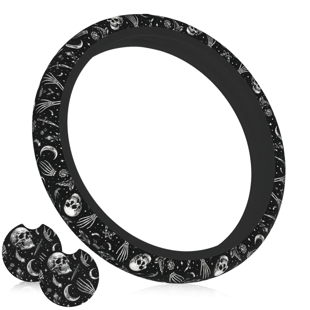 Wildflower Car Steering Wheel Cover 15 in, 2 Cute Floral Car Coasters
