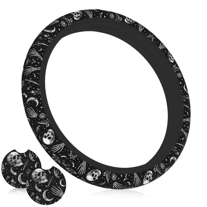 Wildflower Car Steering Wheel Cover 15 in, 2 Cute Floral Car Coasters