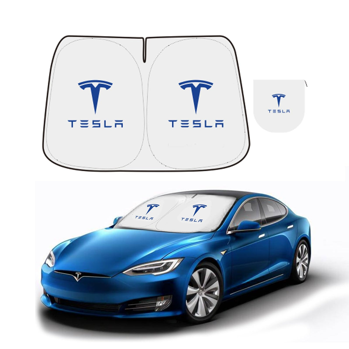 300T Sunshade for Tesla Model Y Model 3, Car Accessories 2026 for Tesla, Front Window Sunshade with Organizer Bag, Gifts for Tesla Owners