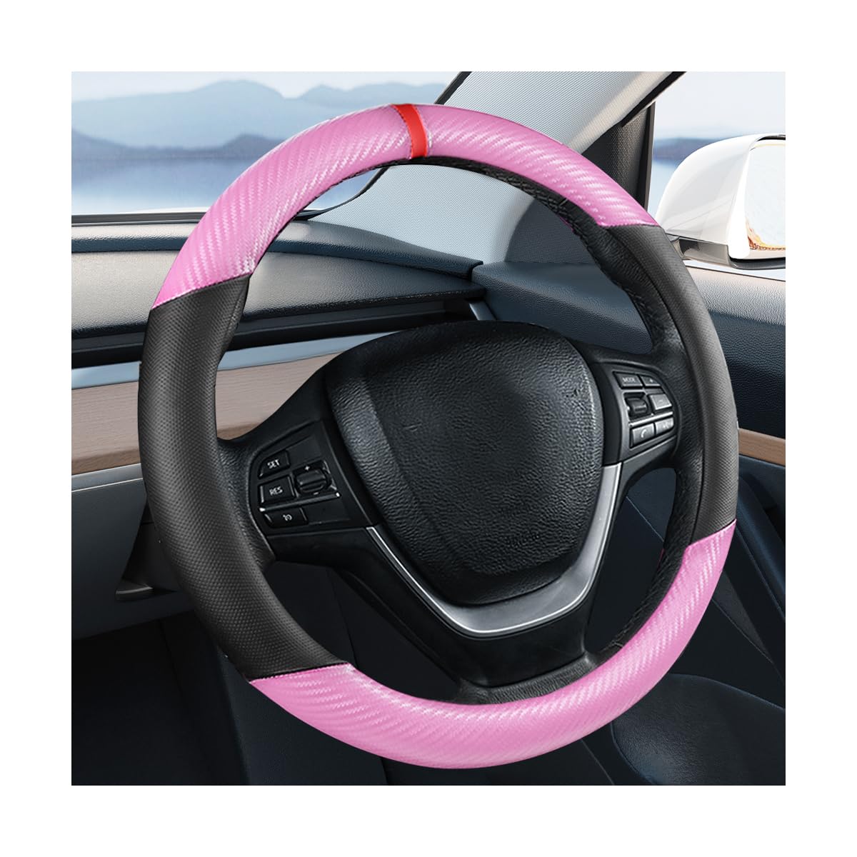 Carbon Fiber Car Steering Wheel Cover, Leather Breathable Automotive Wheel Protector, 15 Inch Anti-Slip Vehicle Interior Steering Accessories, Universal for SUV Truck Sedan (Black)