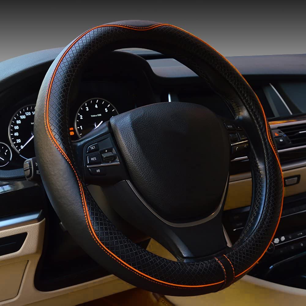 Gomass Car Steering Wheel Cover, Anti-Slip, Safety, Soft, Breathable, Heavy Duty, Thick, Full Surround, Sports Style (Black with Purple line)