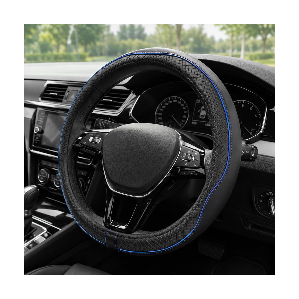 Car Steering Wheel Cover, 15 Inch Anti-Slip Breathable Leather Auto Steering Wheel Protector, Full Surround Soft Steering Wheel Cover for Men Women, Car Interior Accessories (Black & Purple)