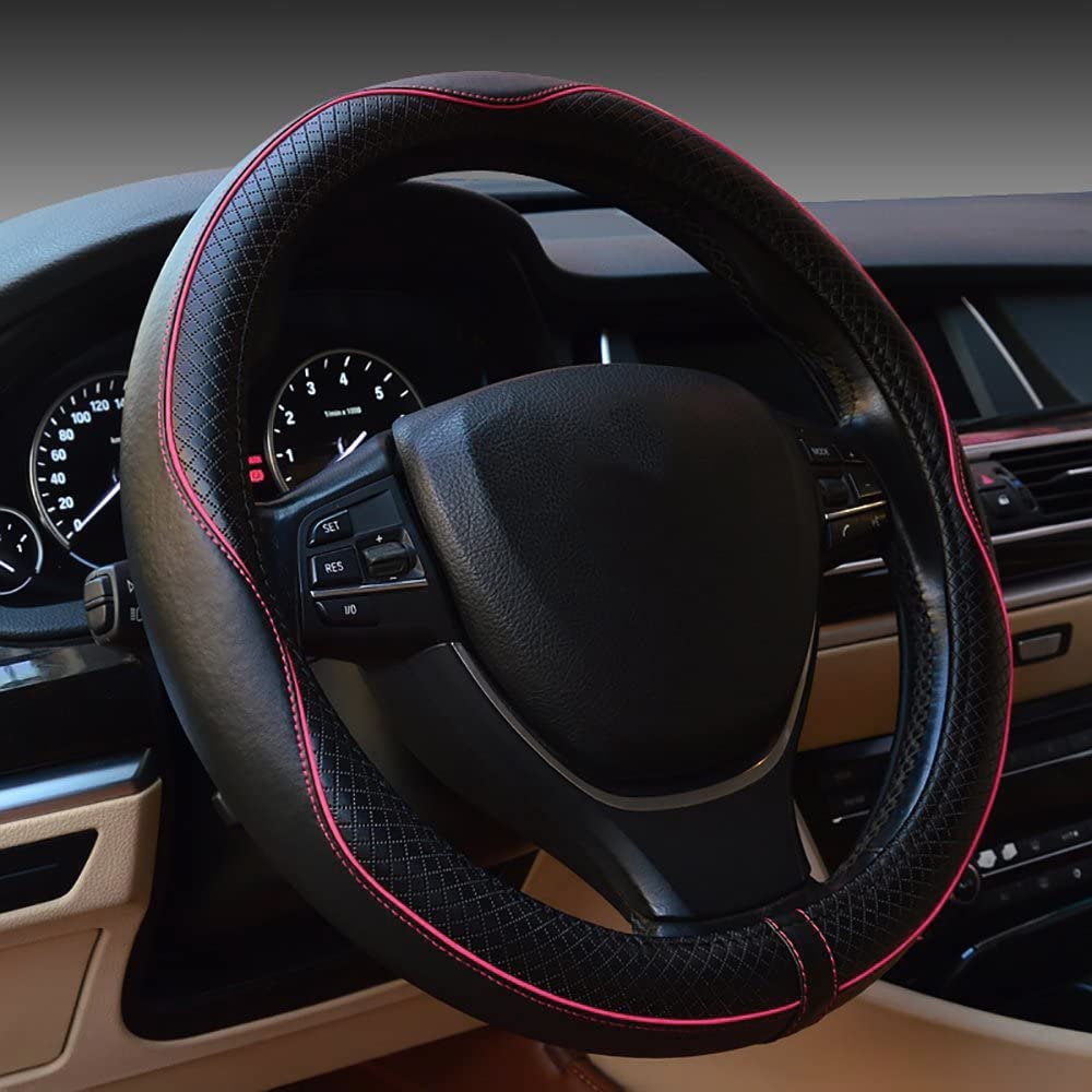 Gomass Car Steering Wheel Cover, Anti-Slip, Safety, Soft, Breathable, Heavy Duty, Thick, Full Surround, Sports Style (Black with Purple line)