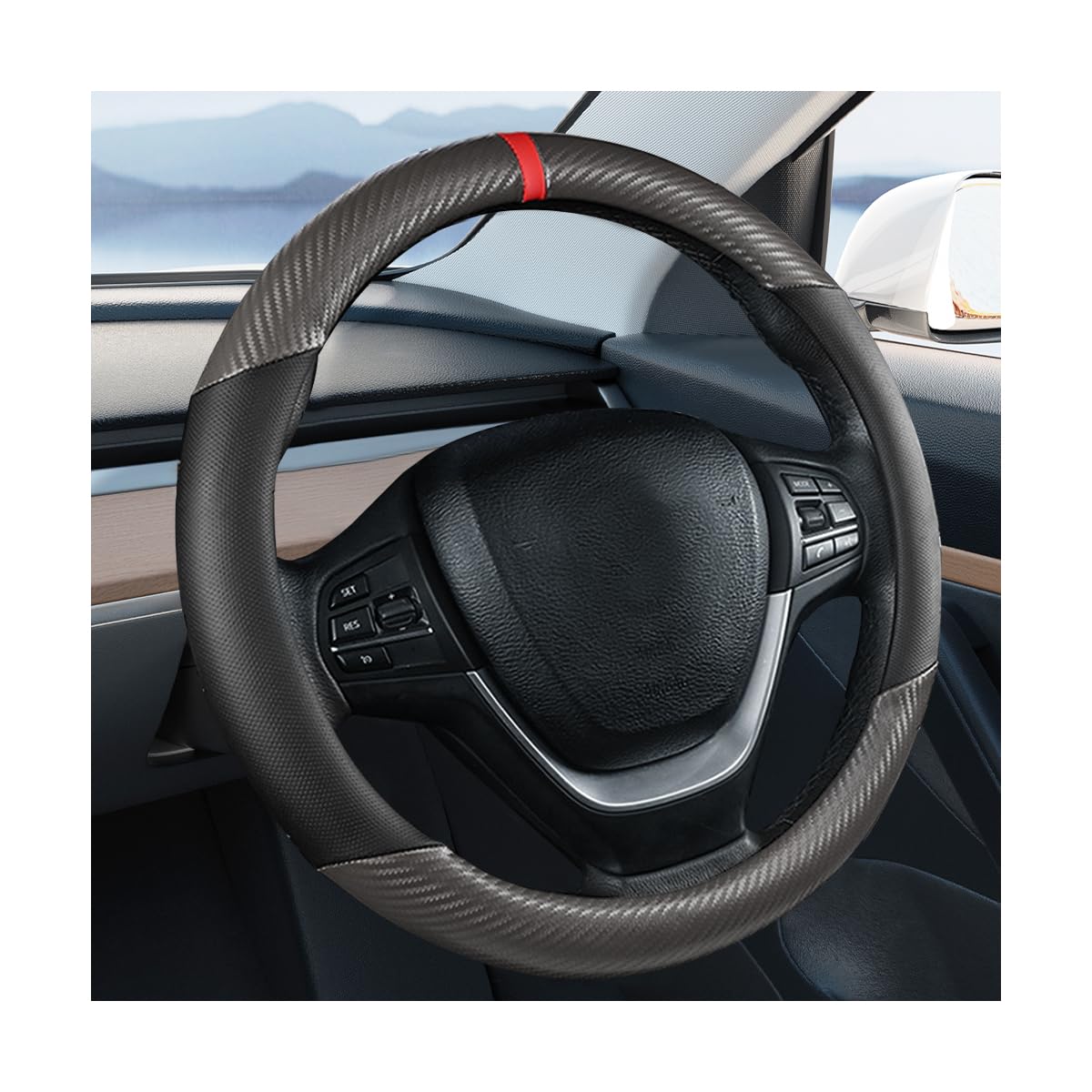 Carbon Fiber Car Steering Wheel Cover, Leather Breathable Automotive Wheel Protector, 15 Inch Anti-Slip Vehicle Interior Steering Accessories, Universal for SUV Truck Sedan (Black)